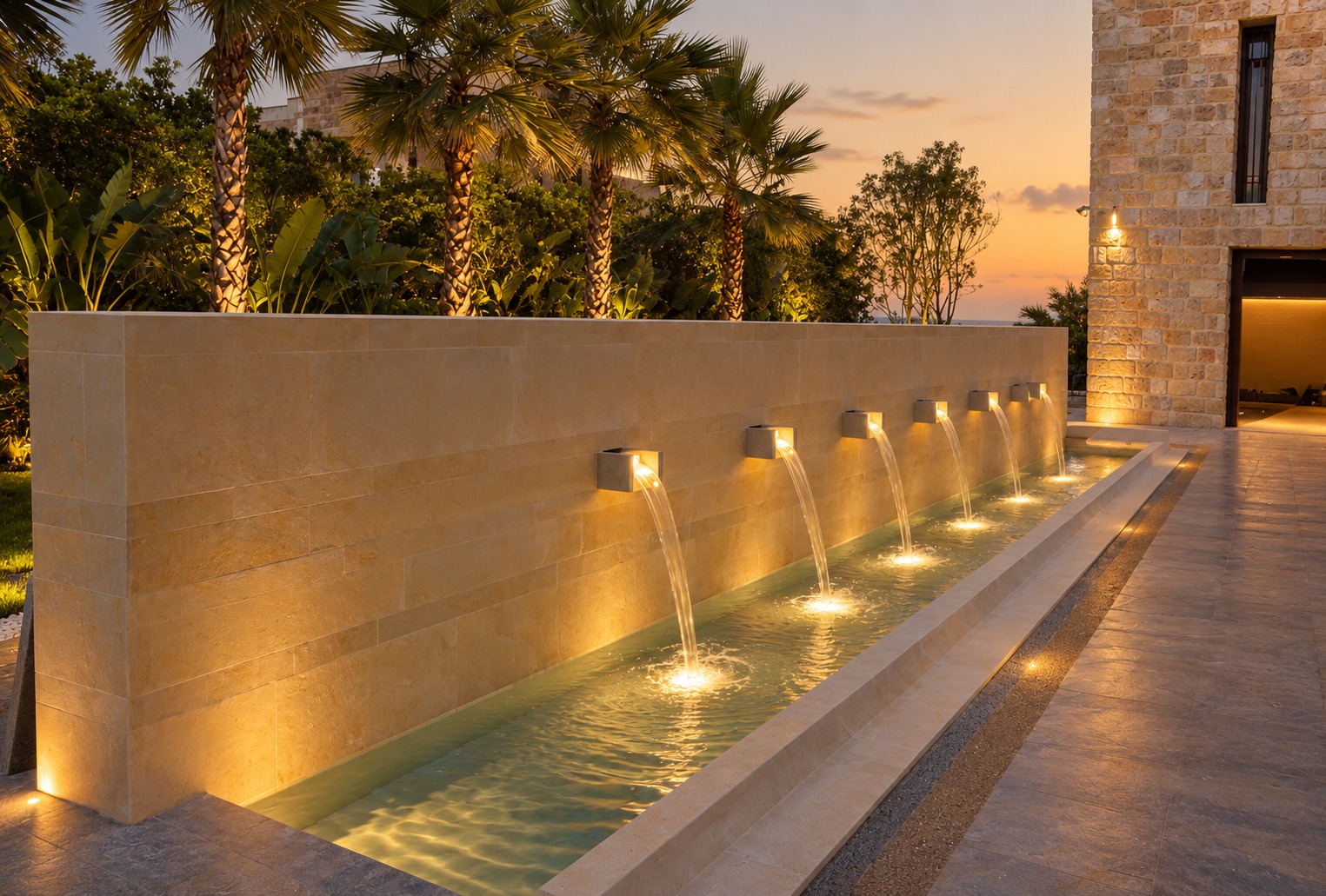 Illuminated stone water feature designed by CADOU