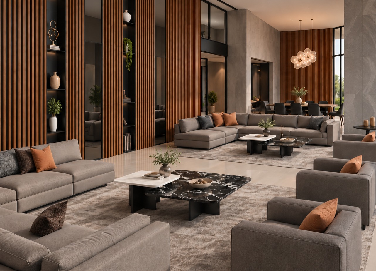 CADOU interior lounge with walnut slat walls and marble tables